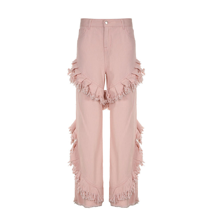 Fall Women Clothing Pink Denim High Waist Zipper Stitching Tassel Loose Characteristic Street Flared Pants