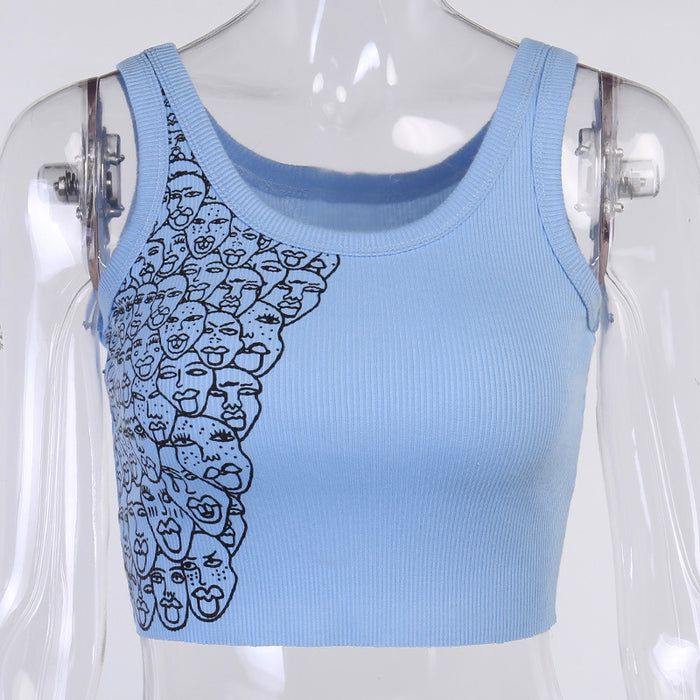 Knitted Printed Underwear Spaghetti Strap Slip Women Clothing Spring Sexy Crop Top Bottoming Tops