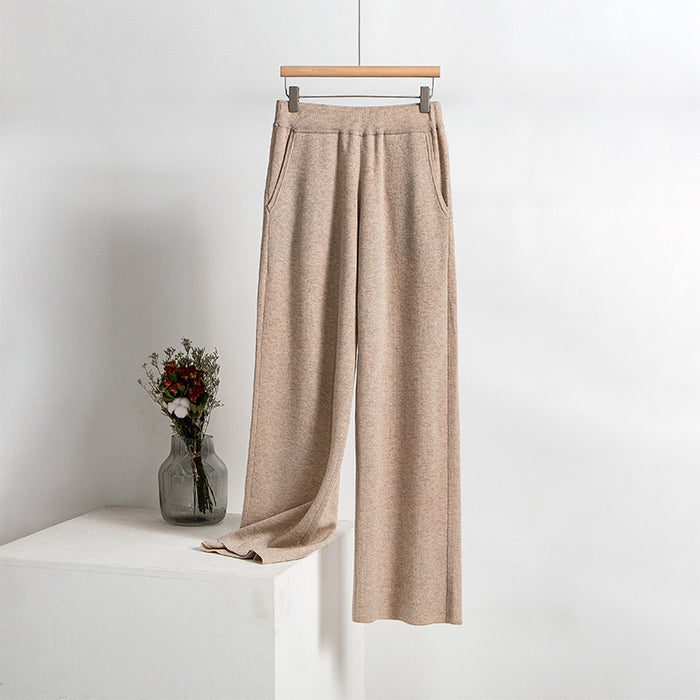 Knitted Trousers Autumn Solid Color Pocket Smart Trousers Women Loose Wide Leg Pants Straight Woollen Trousers Women