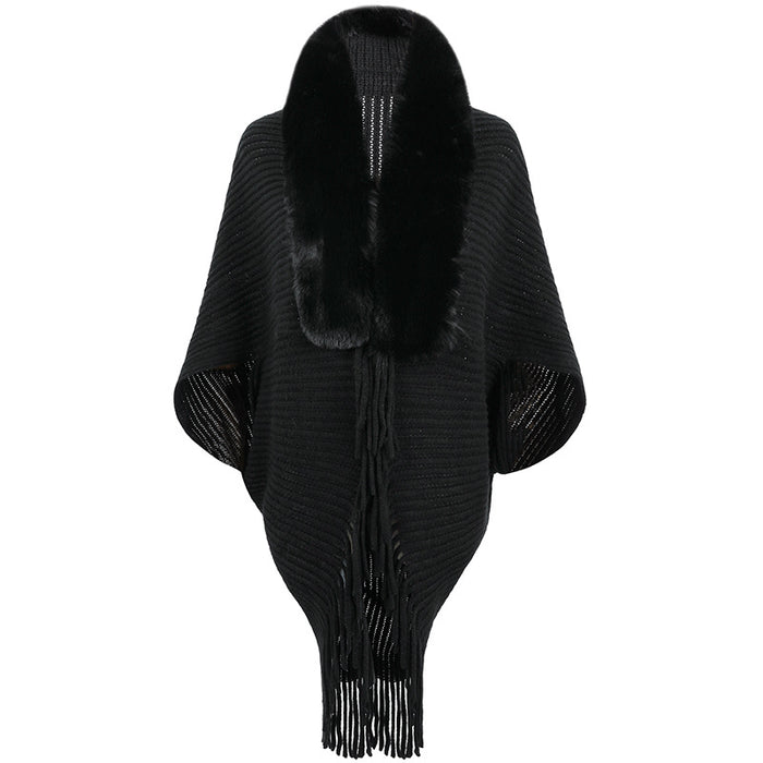 Autumn Winter Fur Collar Tassel Shawl Women Knitted Cape Coat