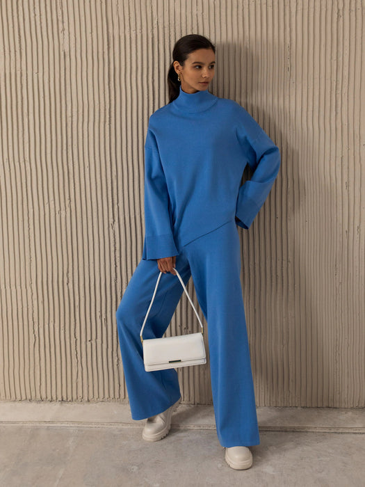 Autumn Winter Comfortable Turtleneck Asymmetric Hem Wide Leg Trousers Suit