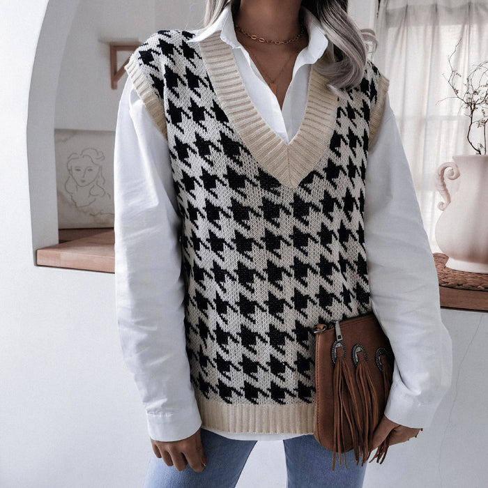 Autumn Winter V-neck Houndstooth Casual Loose Knitted Vest Sweater Waistcoat Women Clothing