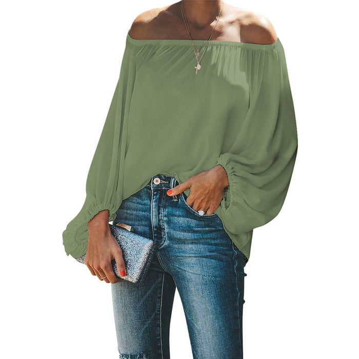 Off Shoulder Top Women Autumn Off Shoulder Solid Color Simple Lantern Sleeve Loose Long Sleeve T Shirt