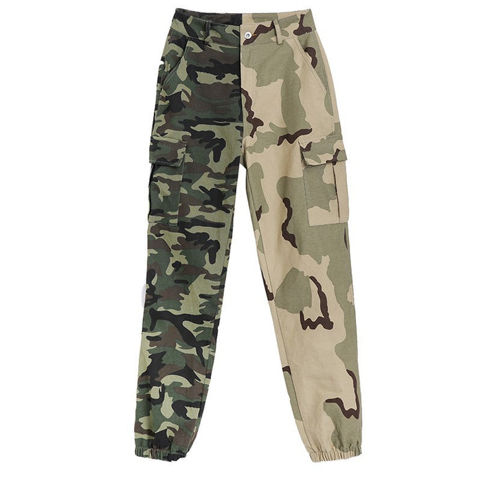 Street Shooting Camouflage Dark Green Pocket Stitching High Waist Wide-Leg Overalls Female