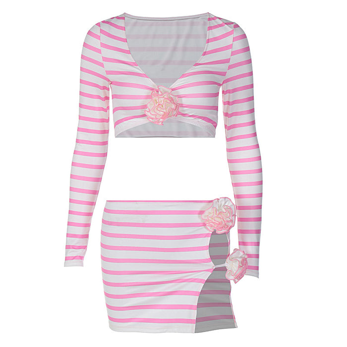 Sexy Striped Stitching Floral Street Sexy Wear Long Sleeve Hollow Out Cutout out Skirt Set