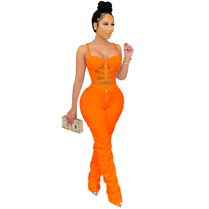 Solid Color Sexy Women Clothing Spaghetti Straps Chest Wrap Zipper Vest Pants Two Piece Set