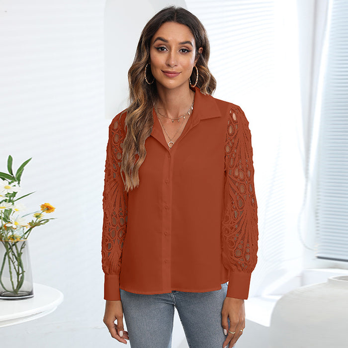 Spring Summer Women Solid Color Top Casual Lace Stitching Shirt