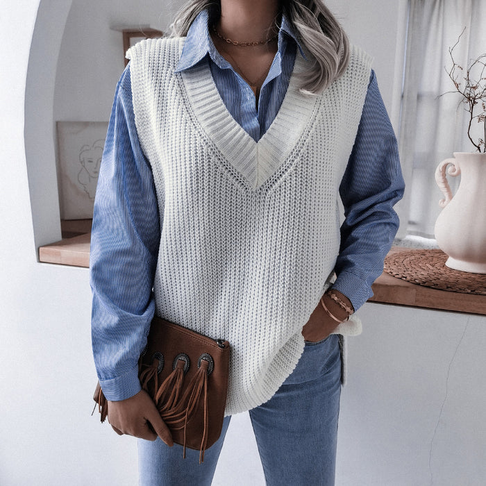 Autumn Winter V-neck Casual Loose Knitted Sweater Vest Jacket Women Clothing