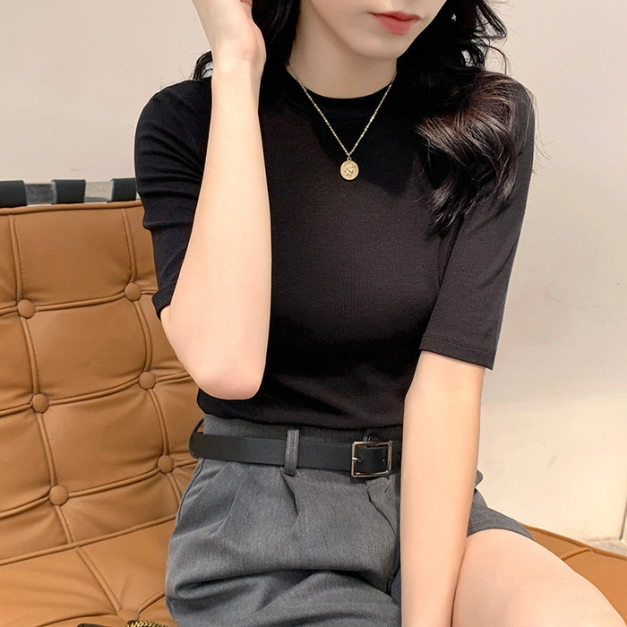 Thread High Elastic White T shirt Women Short Sleeve Summer Slim Fit round Neck Half Sleeve T shirt Stand Collar Top