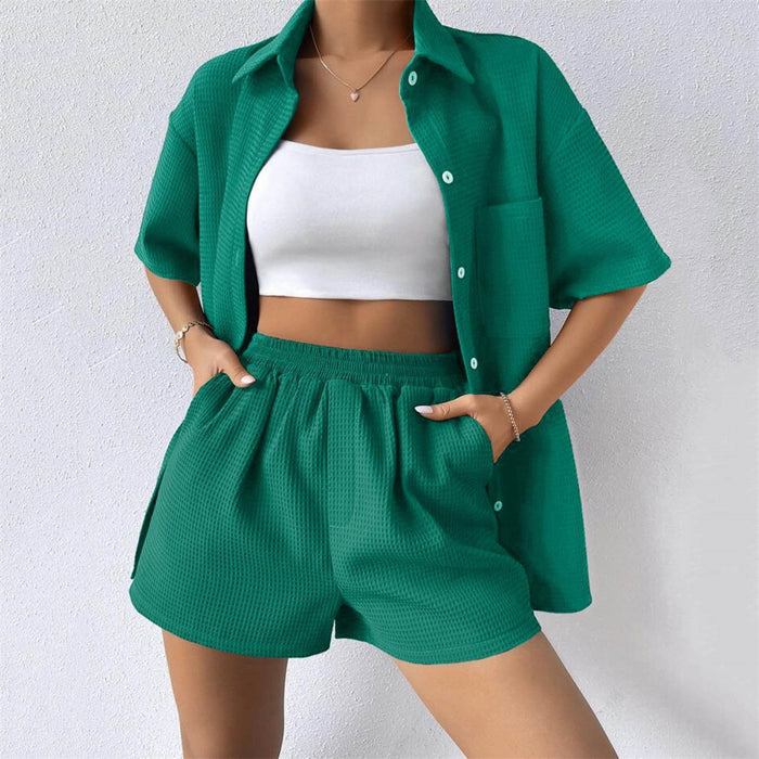 Summer Suit Women  Women's Loose Casual Short Sleeved Shirt Elastic Waist Shorts Two Piece Set Women