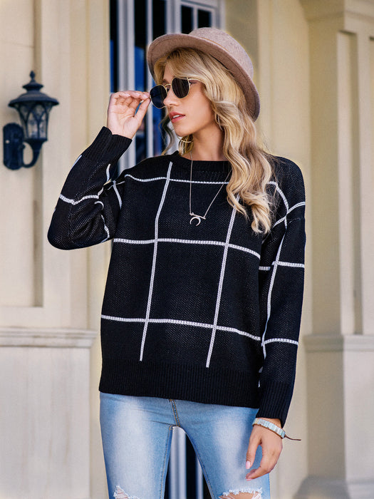 Knitting Autumn Winter Plaid Plaid Crew Neck Pullover Sweater Women