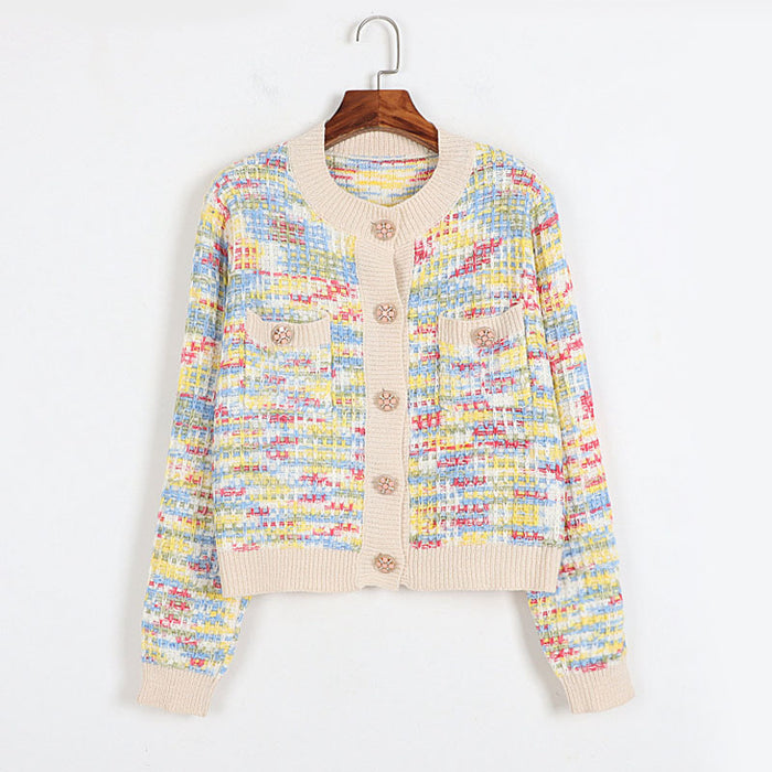 Rainbow Striped Office Sweater Suit Classic Tweed Coat Women Spring Autumn Knitted Cardigan Two Piece Overskirt Suit