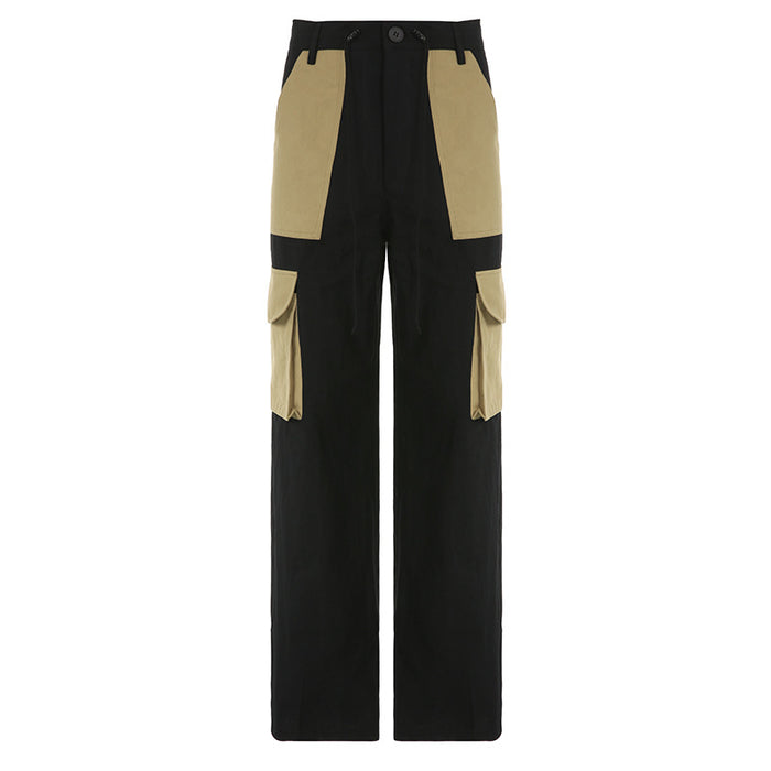 Contrast Color Pocket Stitching High Waist Drawstring Laced Pants Trend All Match Workwear Casual Pants