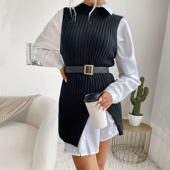 Dedicated for Early Autumn Middle East Women Split Solid Color Mid Length Vest Sweater