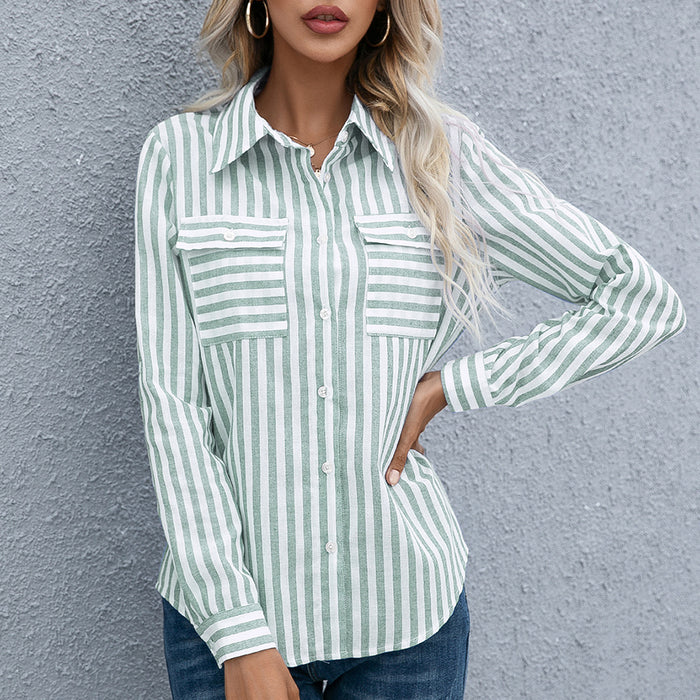 Autumn Winter Vertical Striped Double Pocket Slimming Single Breasted Shirt Women Clothing