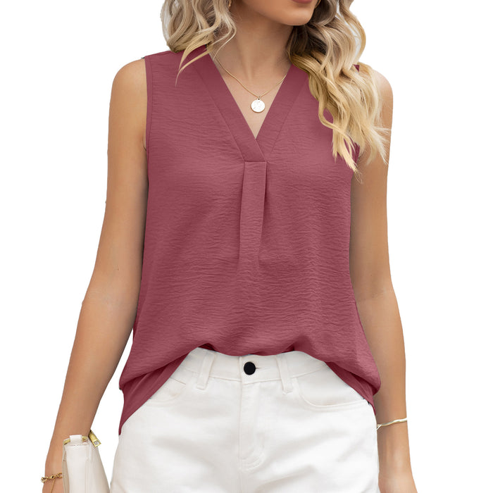 Summer Solid Color V neck Loose Chiffon Top Sleeveless Vest Women