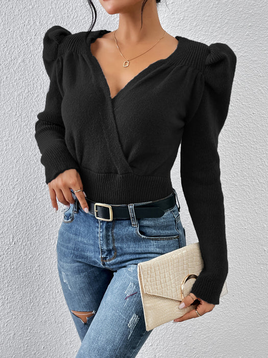 Autumn Winter Knitwear Collar Shrug Puff Sleeve Pullover Sweater for Women