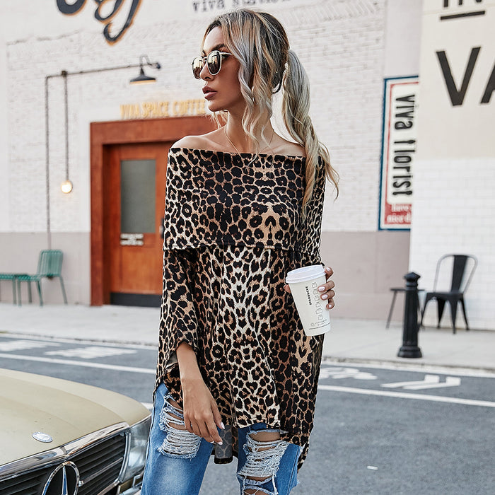 Spring Autumn Women Clothing Off Shoulder Strapless Sexy Loose Top Leopard Print T shirt Multi Wear