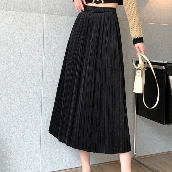 Autumn Winter Thickening Gold Velvet Pleated Skirt for Women Retro Easy Matching Vertical Stripes Large Swing Casual Dress