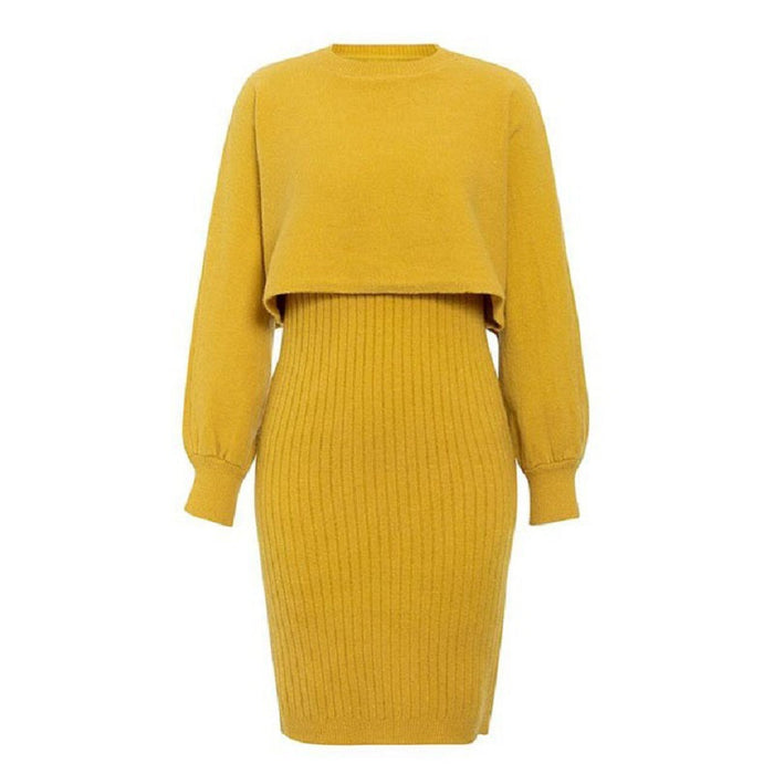 Sexy Knitted Dress Two Piece Set Autumn Winter Solid Color Long Sleeve Sweater Women