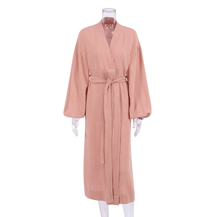 Early Spring French Solid Color Cardigan Nightgown Double Layer Gauze Full Cotton Casual Home Pajamas Women Cotton