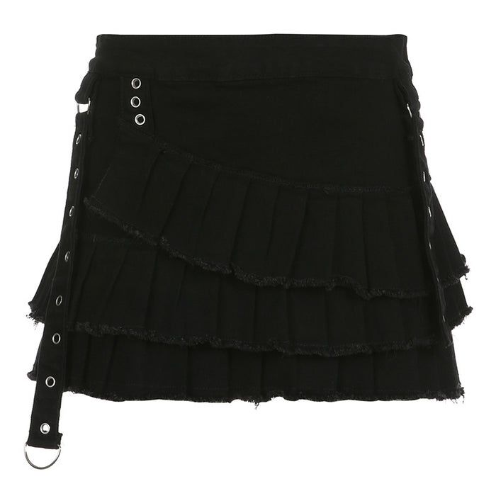 Dark Metal Ribbon Sexy Low Waist Pleated Skirt Street Lolita Sexy All-Matching Jeans Skirt