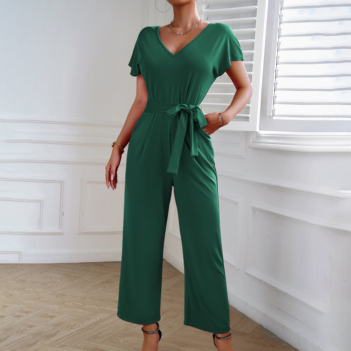 Solid Color Jumpsuit Women Summer Short Sleeve V neck Jumpsuit