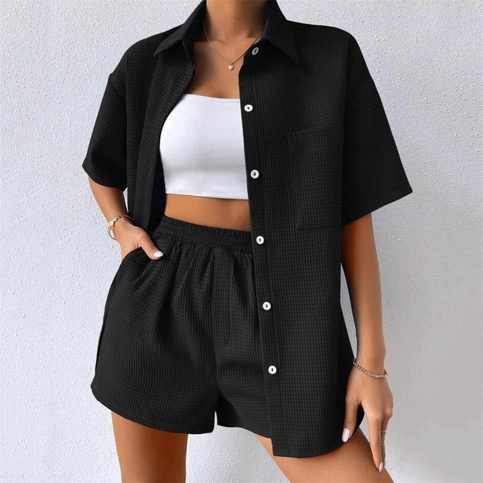 Summer Suit Women  Women's Loose Casual Short Sleeved Shirt Elastic Waist Shorts Two Piece Set Women