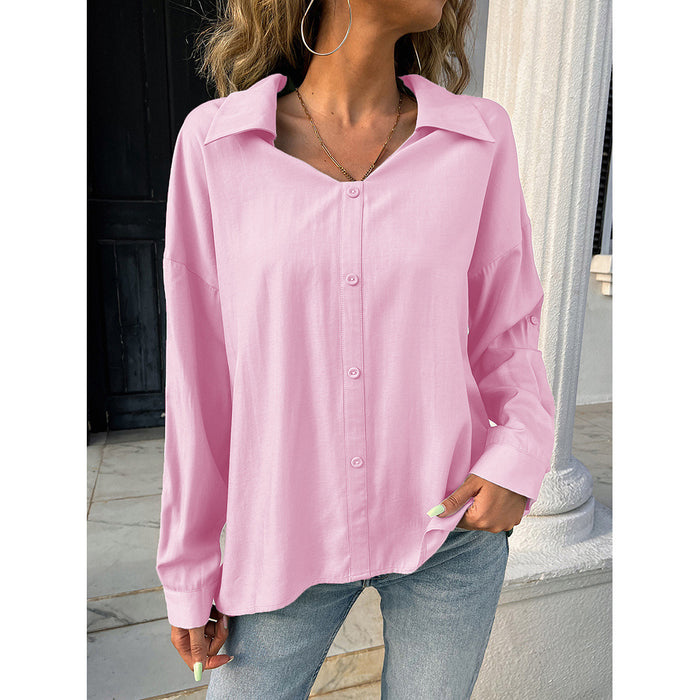 Summer Women Clothing Solid Color Long Sleeve Breasted V-neck Top Loose Shirt T-shirt Women