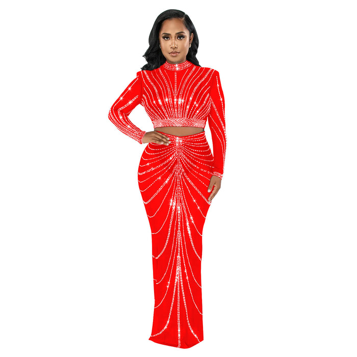 Women Wear Mesh Drilling See through Long Sleeve Dress Two Piece Set