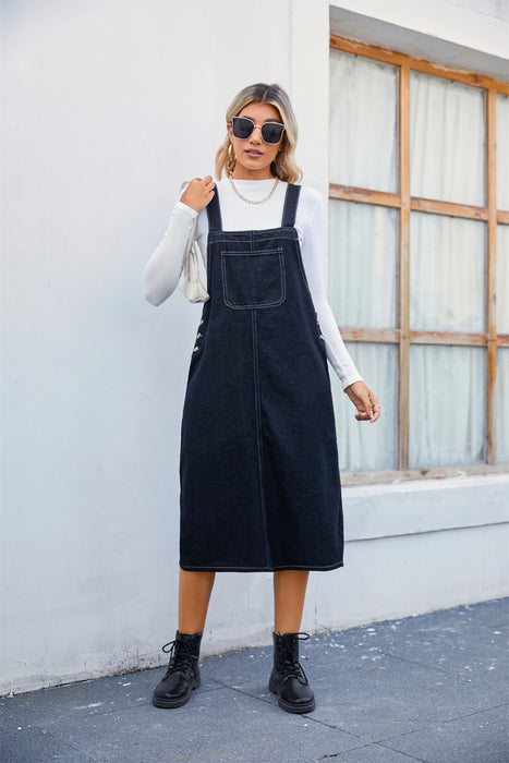 Station Personality Denim Brace Dress Midi Dress