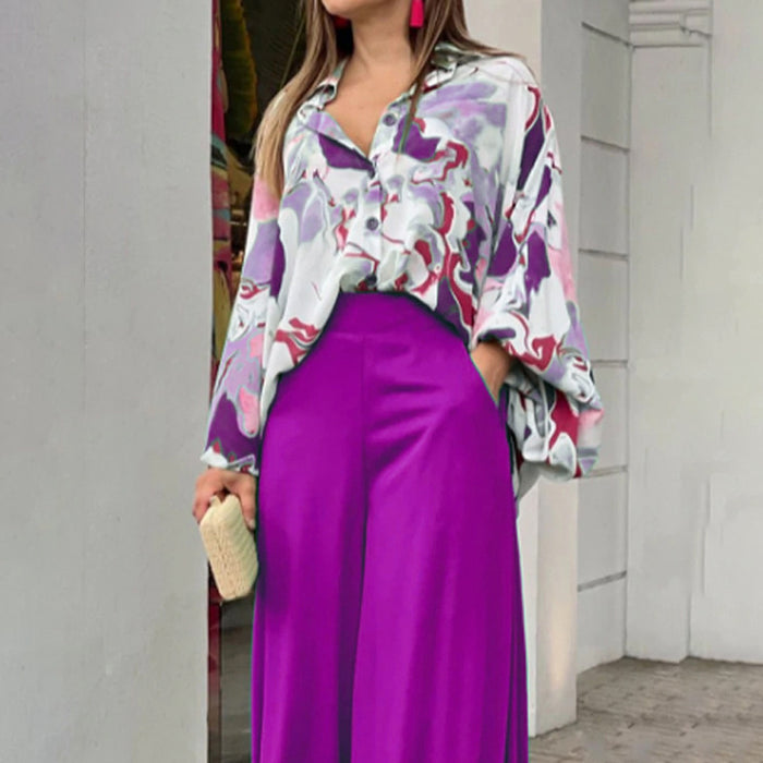 Women Clothing Summer Floral Print Shirt Two Piece Set Elegant Casual Set