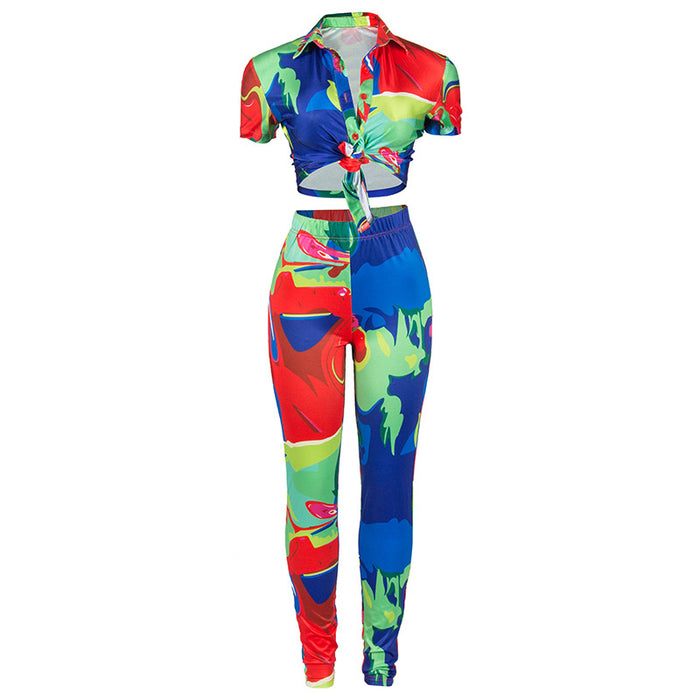 Summer Printing Collared Shirt Top Slim Hip Pants Women Suit