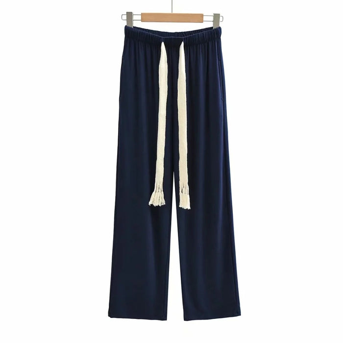 Urban Casual Simple Long Wide-Leg Pants Early Autumn Women Casual Trousers Elastic Waist Drawstring Walking Pants