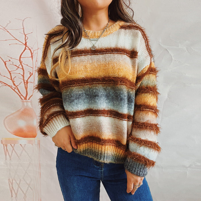 Autumn Winter Loose Gradient Color Striped Imitation Marten Knitted Round Neck Long Sleeve Pullover Sweater for Women