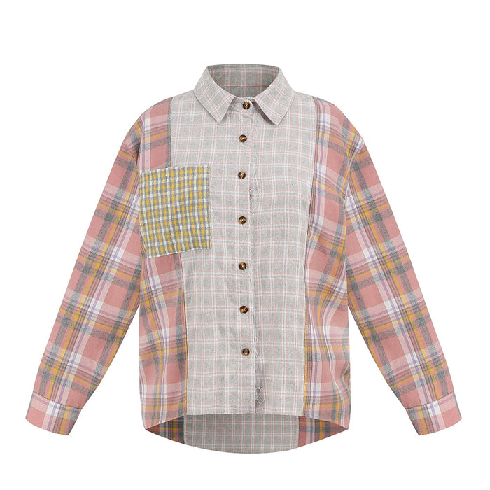 Spring Autumn Polyester Cotton Plaid Multi-Color Mosaic  Cardigan Single-Breasted Shirt