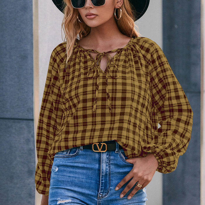 Casual Long Sleeved Plaid V neck Shirt Loose Plaid Overshirt Women