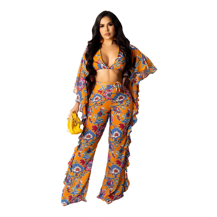 Sexy Women Wear Featured Floral Mesh Two Piece Set