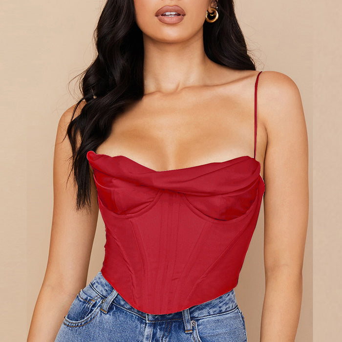 Fall Women Clothing Sexy Pile Collar Satin Pleated Camisole Top for Women Boning Corset Boning Corset Corset Bandana