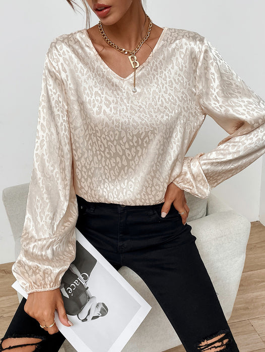 Spring V-neck Pullover Leopard-Print Shirt Women Artificial Silk Jacquard Long-Sleeved Shirt