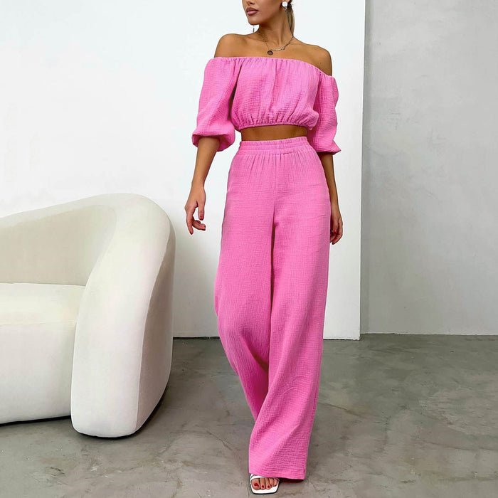 Two Piece Women  Summer Pure Cotton Champray Solid Color off Neck Short Sleeved Top High Waist Wide Leg Pants Casual Suit