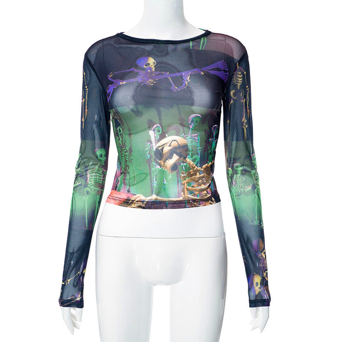 Halloween Skull Funny Printed Mesh round Neck Pullover Top Women Autumn