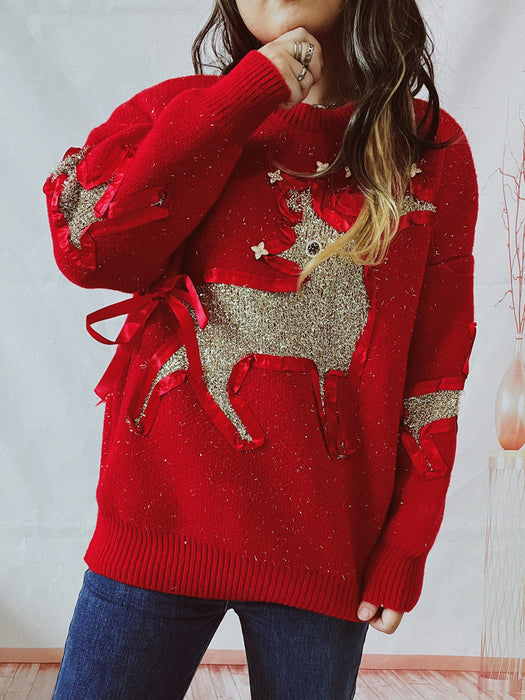 Autumn Winter Christmas Sweater Ribbon Gold Thread Jacquard Deer Round Neck Thickened Knitted Pullover