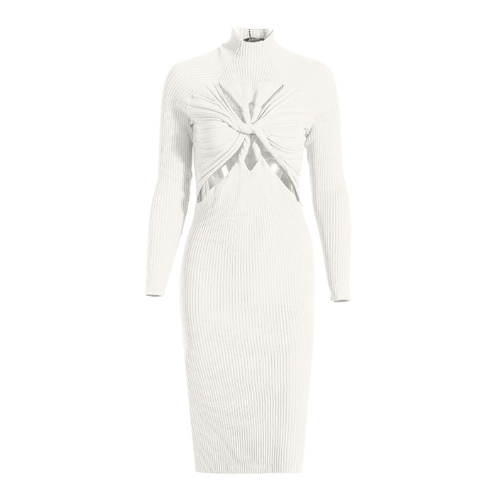 Design Sexy Cutout Twisted Knitted Dress Autumn Half Turtleneck Slim Fit Slimming Long Sleeves Dress