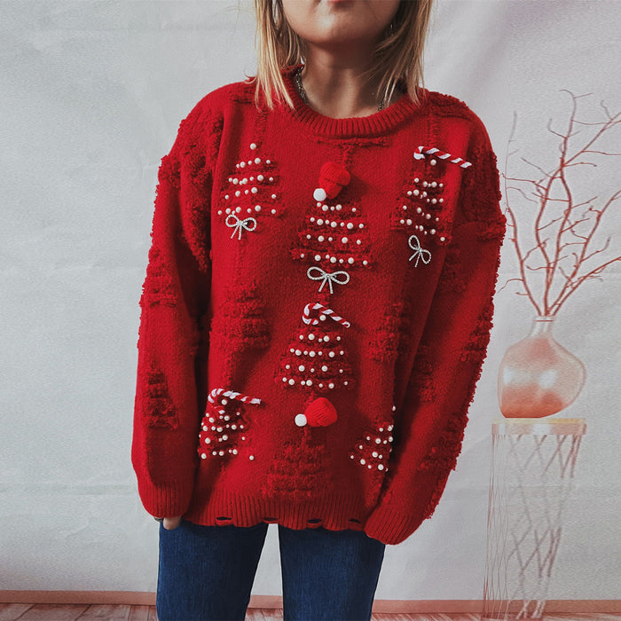 Handmade Pearl Christmas Theme Sweater Three Dimensional Decoration Year Holiday Sweater Pullover