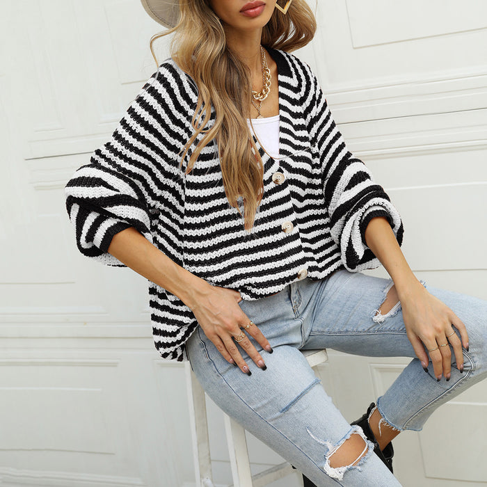 Autumn Winter Fashionable Striped Knitted plus Size Loose Idle Brown Single Breasted V neck Cardigan Sweater