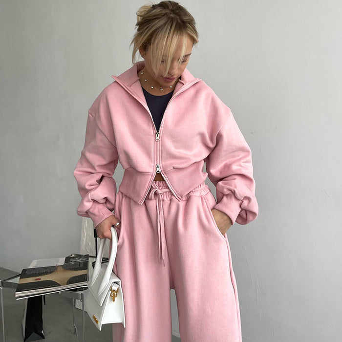 Casual Pink Coat Sweatshirt Solid Color with Fur Trousers Long Sleeve Sportswear Autumn Winter Pant Sets