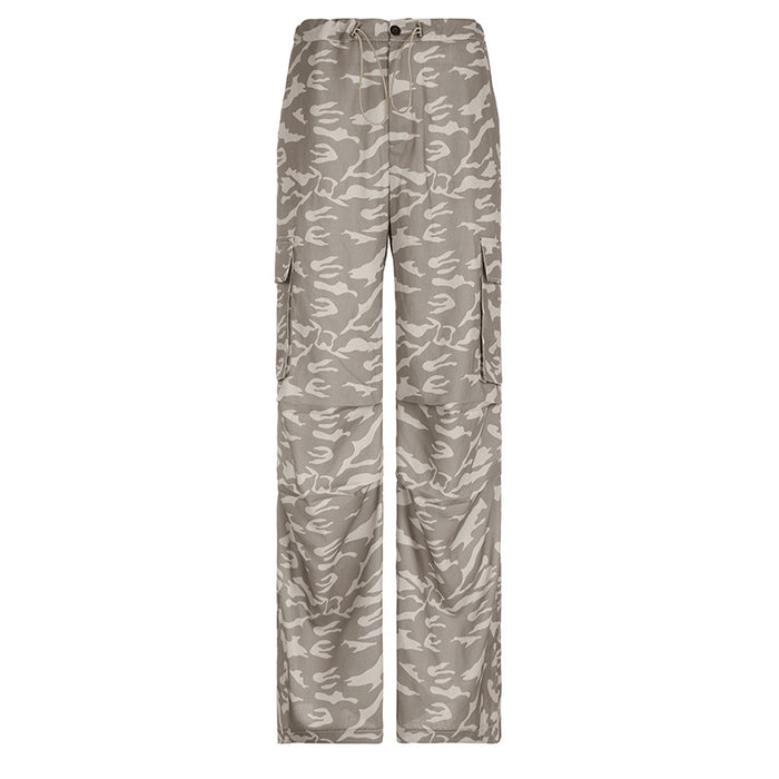 Summer Camouflage Contrast Color Low Waist Elastic Drawstring Pants Tooling Loose Pockets Casual Trousers