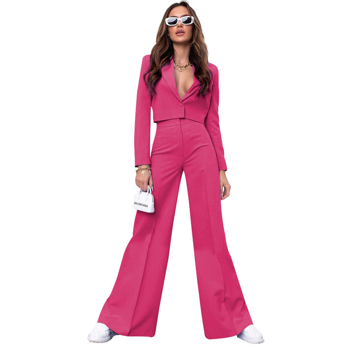 Autumn Winter Solid Color Short Long Sleeve Small Suit High Waist Wide Leg Pants Suit