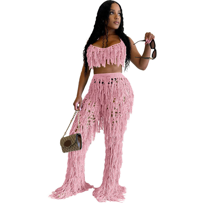 Sexy See through Knitted Hand Crochet Tassel Beach Suit